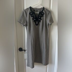 Talbots Navy and White Striped Sheath Midi Dress with Embroidered Detail Large